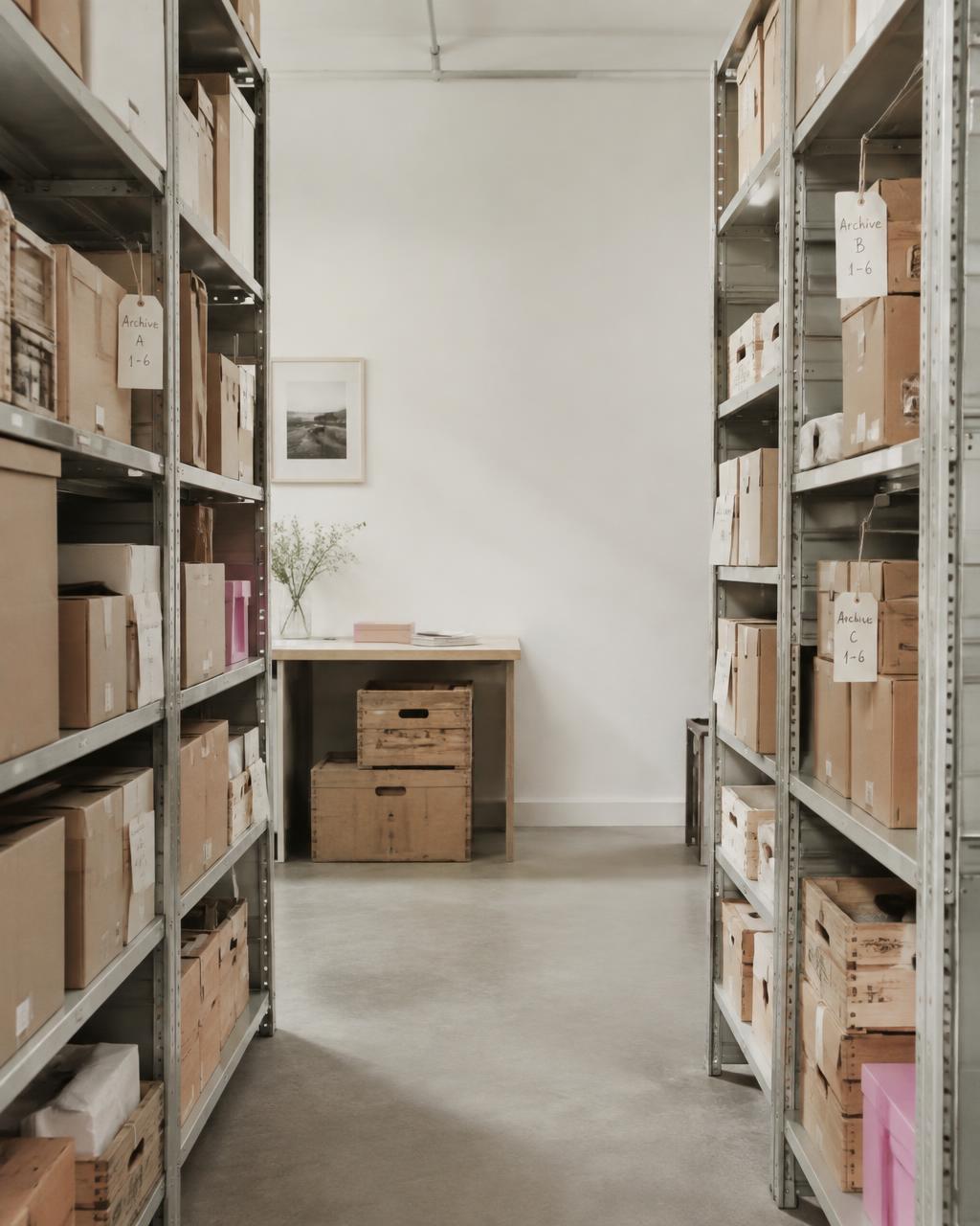 Pasillo de bodega con cajas etiquetadas